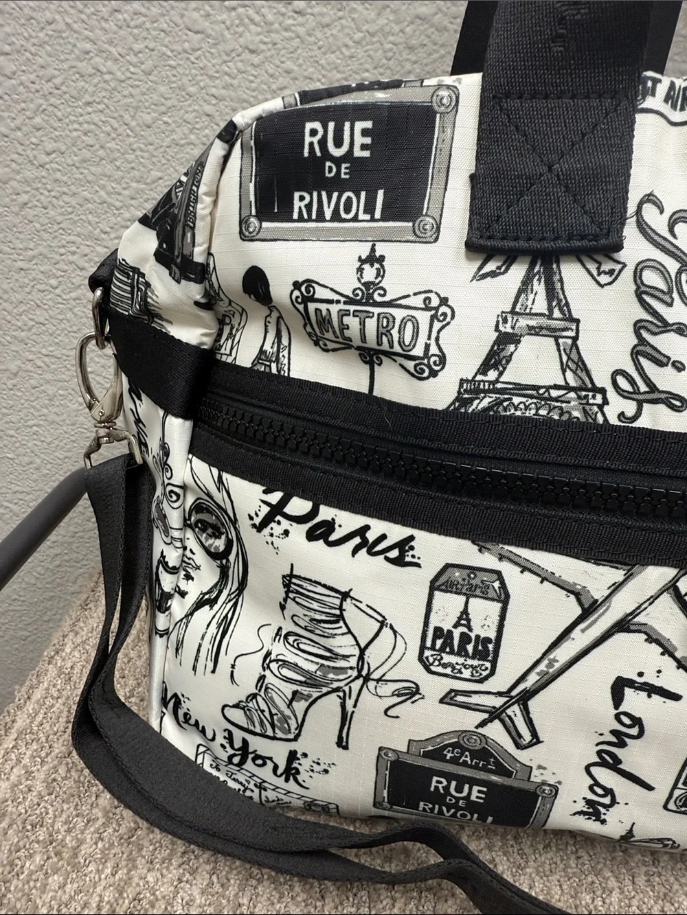 Brighton Black & White Jetsetter Travel Satchel with Paris & London Print